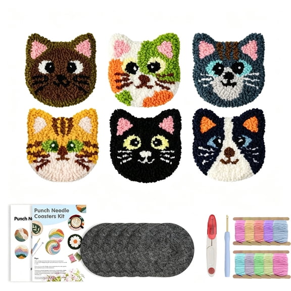 Cute Mixed Cat Face Punch Needle Coaster DIY Kit, 6 Cartoon Kitten Patterns Beginner Handmade Cup Mat Craft Supply Set for Cat Lovers Home Decor & Holiday Gifts