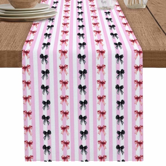 Cute Modern Pink Black Bow Table Runner-70 Inch Long Gradient Geometric Stripe Table Runners Linen Burlap Tablerunner for Kitchen Dining Room Holiday Party