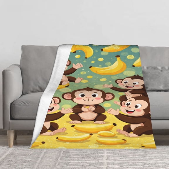 Cute Monkey Banana Cartoon Flannel Throw Blanket, Jungle Monkey Fruit Bubbles Print Soft Fleece Blanket, Light Cozy Sofa Bed Cover, All Season Warm Decor Blanket for Kids Nursery Home Bedroom Decor