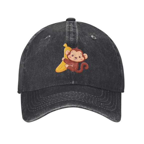 Cute Monkey Baseball Cap Golf Dad Hat Adjustable Washed Denim Trucker Hats Unconstructed Snapback Cap for Men Women Unisex Adult,Black