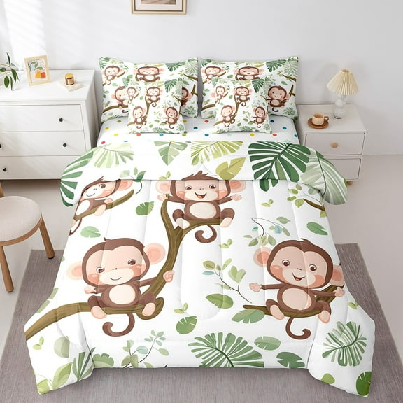 Cute Monkey Bed in a Bag Comforter Set,Tropical Palm Leaves King Size 7 Pieces Teens,Kawaii Monkey Animal Bedding Set with Comforter, Sheet Set, Pillowcases, Pillow Covers