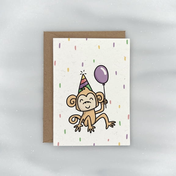 Cute Monkey Birthday Greeting Card, Hand-Drawn Monkey with Party Hat and Purple Balloon Design, Includes Kraft Envelope for Kids, Boys, Girls, and Friends