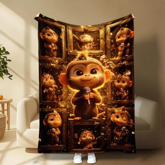 Cute Monkey Blanket with Microphone Design, Soft Frame, Perfect for Home Office Decor, Cozy Nap Cover, Air Conditioned Room Accessory