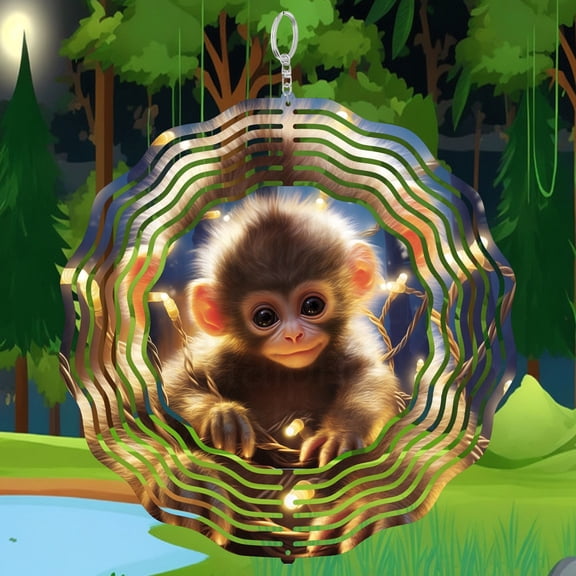 Cute Monkey Christmas Lights 3D Wind Spinner Stainless Steel Kinetic Yard Decor