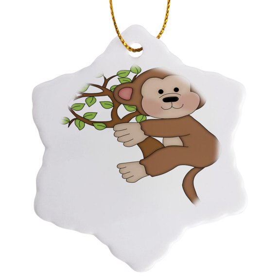 3drose, Cute Monkey Climbing a Tree Illustration, 3 inch Snowflake Porcelain Ornament