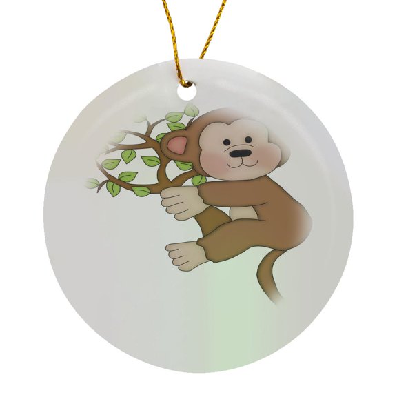 3drose, Cute Monkey Climbing a Tree Illustration, Circle Porcelain Ornament