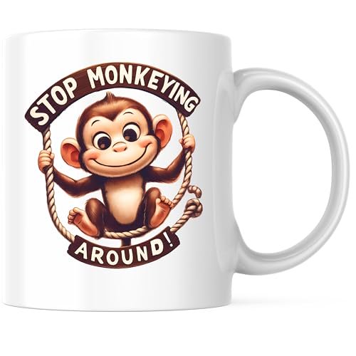 Cute Monkey Coffee Mug - Stop Monkeying Around - 11 Ounce Ceramic Cup - Funny Animal Design - Unique and Fun Mug - Premium Ceramic - Design Printed On Both Sides - BMCM02652