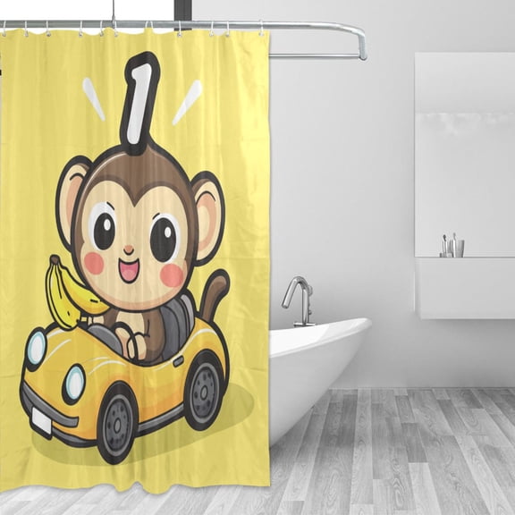 Cute Monkey Drive Car with Banana Shower Curtains with 12 Hooks Waterproof Bathroom Decor 66" x 72"