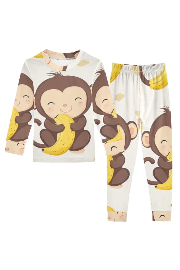 Cute Monkey Eat Bananas Leaves Cotton Pajama Set Long Sleeve Top and Pants Sleepwear Unisex 3T