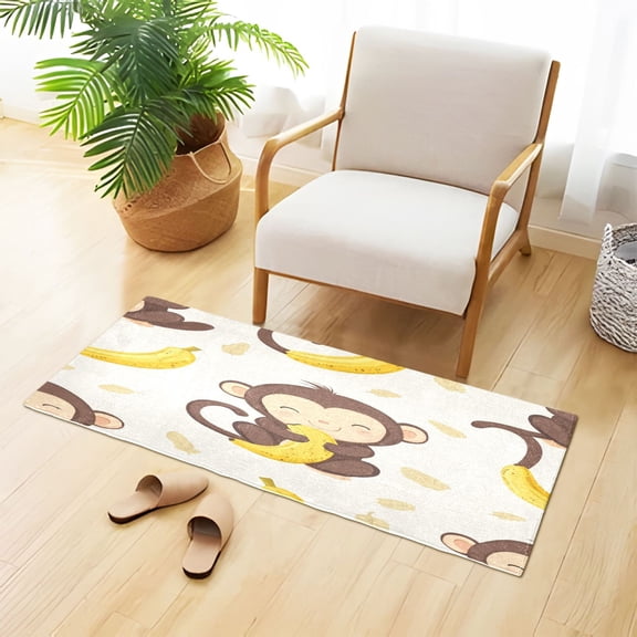 Cute Monkey Eat Bananas Leaves Plush Carpet Non Slip Runner Rug Absorbent Bath Mat 39" x 20"