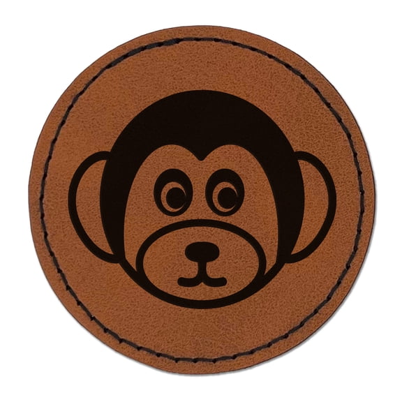 Cute Monkey Face 2.5" Faux Leather Round Engraved Iron-On Patch - Brown