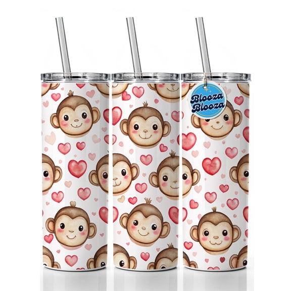 Cute Monkey Faces Hearts Watercolor 20oz Insulated Water Bottle Skinny Tumbler Includes Straw