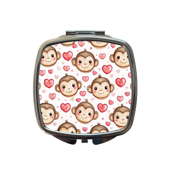 Cute Monkey Faces Hearts Watercolor Travel Makeup Handbag Purse Small Pocket Compact Mirror