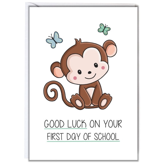 Cute Monkey First Day of School Card  "Good Luck on Your First Day"  Blank Inside with Envelope  Perfect for Kids Starting School