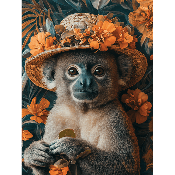 Cute Monkey Floral Hat Canvas PaintingSuitable for Living RoomBedroomBathroomOfficeand Dining Room Decoration.