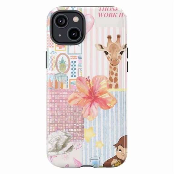 Cute Monkey Giraffe Phone Case, Preppy Pastel Pink Hibiscus Collage Protective Cover for iPhone 17 16 15 14 13 12 11 Pro Max Plus Mini