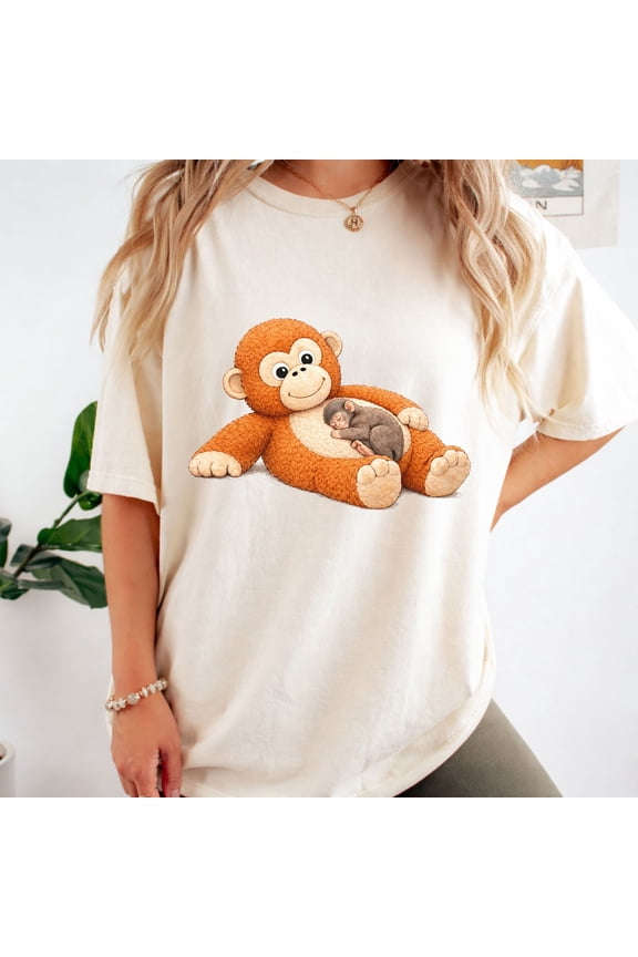 Cute Monkey Graphic T-Shirt,Monkey Punch Shirt Sleeping Baby Monkey Plush Illustration, Cozy Animal Aesthetic Tee