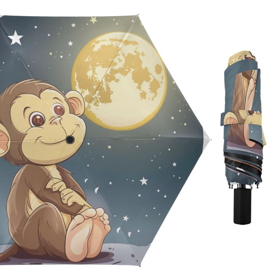 Cute Monkey Look at The Moon All Weather Umbrella Triple Folding Parasol 6 Ribs UV Protection Portable