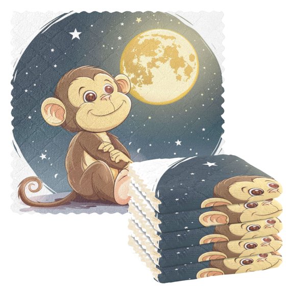 Cute Monkey Look at The Moon Dish Cloths Dish Towels Cleaning Cloths Quick Drying Reusable 11" x 11" Set of 6