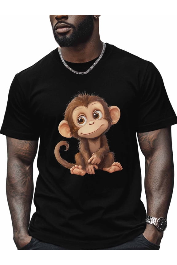 Cute Monkey Men's T Shirts Funny Animal T-Shirt for Men Crew Neck Tees Cotton Tops, Black, L