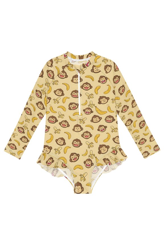 Cute Monkey One-Piece Swimsuit Long Sleeve UV Sun Protection UPF50+ Rashguard Front Zip Quick-Dry Swimwear for 3-12 Years