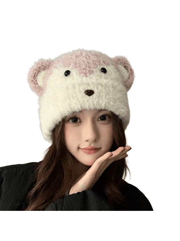 Cute Monkey Plush Beanie for Women, Winter Warm Fleece Lined Hat, Cartoon Animal Cap for Cold Weather, Outdoor Daily Party Photo Props