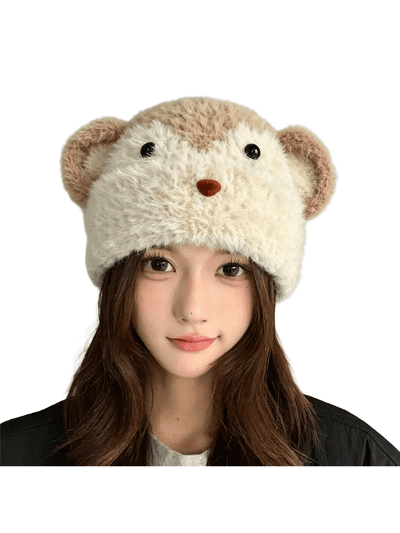 Cute Monkey Plush Beanie for Women, Winter Warm Fleece Lined Hat, Cartoon Animal Cap for Cold Weather, Outdoor Daily Party Photo Props