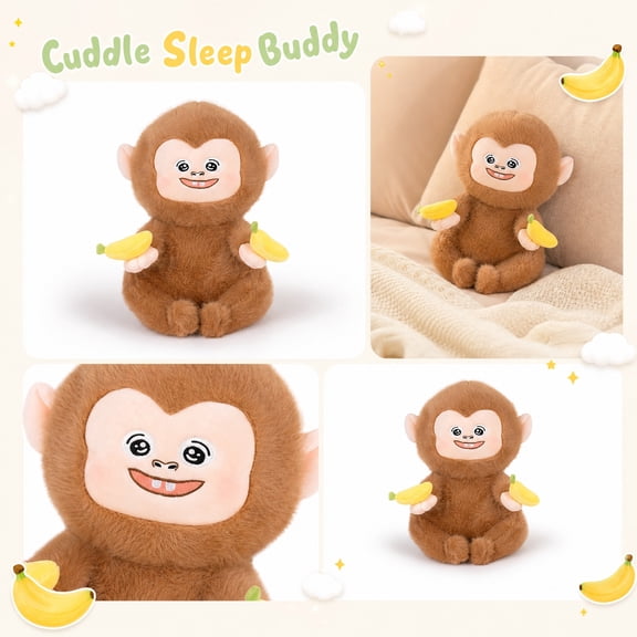 Cute Monkey Plush Stuffed Animal Toy with Banana Super Soft Huggable Monkey Doll for Kids Room Decoration Birthday Holiday Gift, Brown