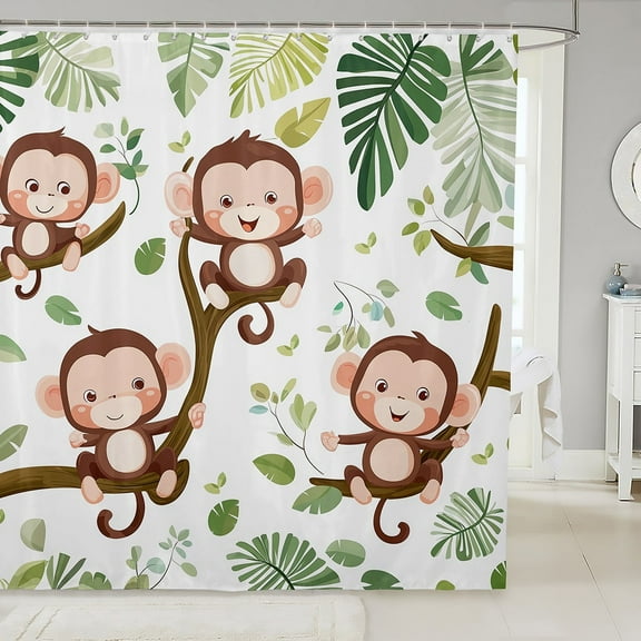 Cute Monkey Shower Curtain Tropical Palm Leaves Bathroom Shower Curtain Set Adult Kawaii Monkey Animal Bath Curtain Cartoon Jungle Wildlife Waterproof Curtains Room Decor 72 x 72 Inch