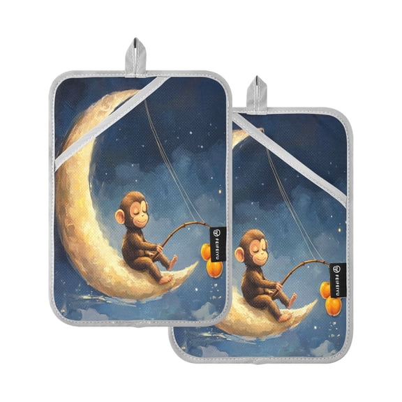 Cute Monkey Sitting on The Moon Square Insulation Pads 2 Piece Heat Resistant 338 Degrees F Oven Mitts for Kitchen Table BBQ Microwave and Other Cooking Occasions