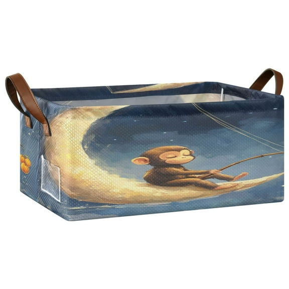 Cute Monkey Sitting on The Moon Storage Basket Soccer Plaid Fabric Hoard Box Oversized Collapsible Closet Organizer with Metal Iron Frame 16.911.47.7in