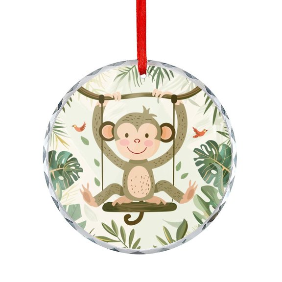 A Cute Monkey Swinging on Vines with Jungle Leaves And Birds Christmas Ornament Monkey Lover Gifts Round Glass Hanging Ornament Xmas Tree Decor for Kids Mom Dad Friends Loves