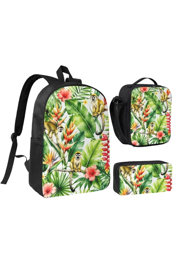 Cute Monkey Tropical Jungle Backpack Set 3pc Including Backpack, Lunch Bag and Pen Bag Combination
