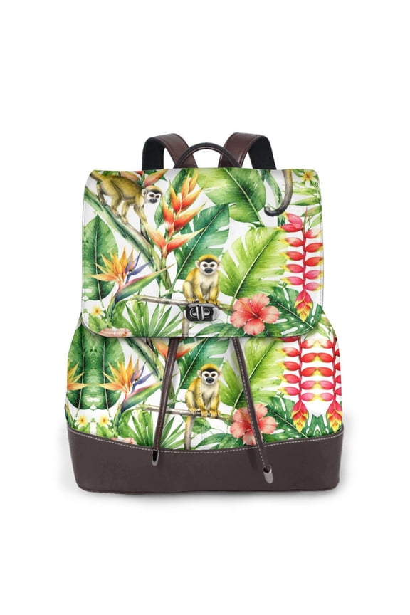 Cute Monkey Tropical Jungle Women's Leather Backpack All-Over Print Bag for Work and Travel