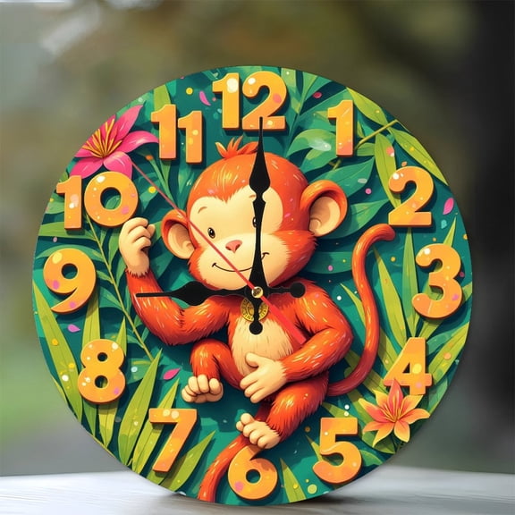 Cute Monkey Wall Clock 10-Inch Silent Wooden Wall Clock, Battery Operated (AA Batteries Not Included), Artistic Home Decor