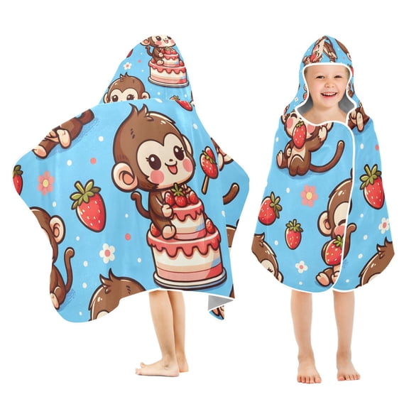 Cute Monkey and Strawberry Kids Hooded Beach Towel Baby Bath Poncho Towels with Hood Absorbent 50"x23.5" for Pool Swimming