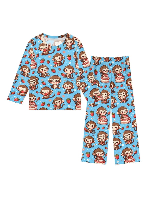 Cute Monkey in Various Poses Cozy Soft Long Sleeves Top and Pants 2 Piece Cool Pjs Pajamas Set Sleepwear Size 3-11Y