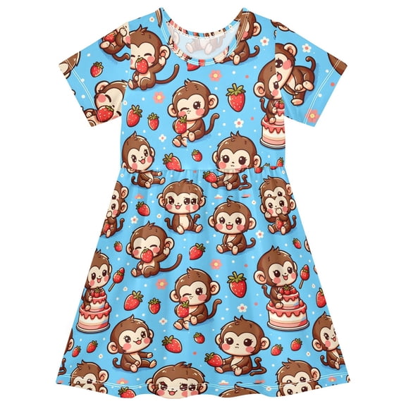 Cute Monkey in Various Poses Short Sleeve Dress A-Line Cute Midi Casual Sundress 2-8 Years