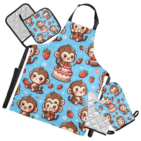 Cute Monkey on Cake 5 Pcs Kitchen Set Heat Resistant Oven Mitts and Non-Slip Pot Holders with Adjustable Cooking Apron