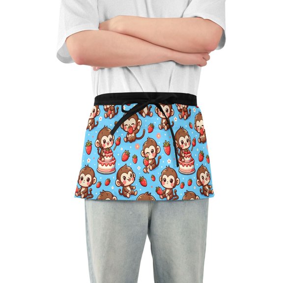 Cute Monkey on Cake Server Apron with 3 Pockets Waterproof Waitress Waist Short Apron for Man Woman 12 Inches