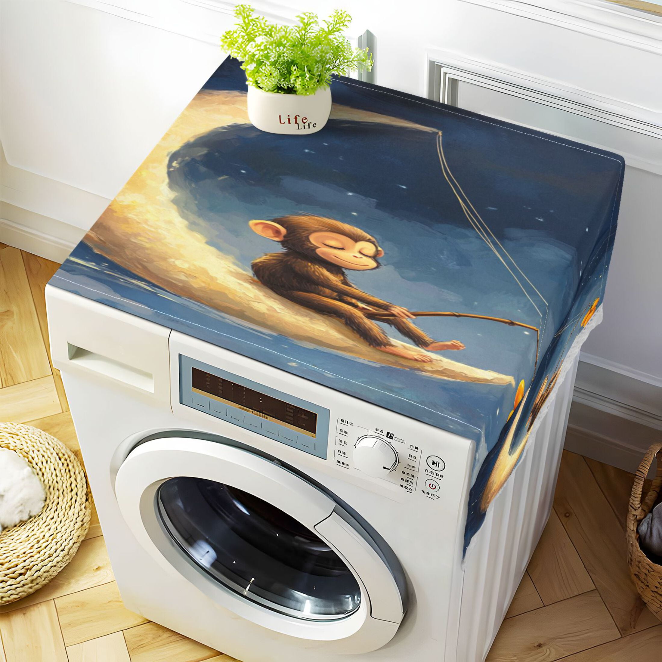 Cute MonkeyWasher and Dryer Covers Dust-Proof and Oil Resistant Fridge Cover with 4 Storage Pockets Washing Machine Top Cover for Laundry Kitchen Home 51.2 x 22 In