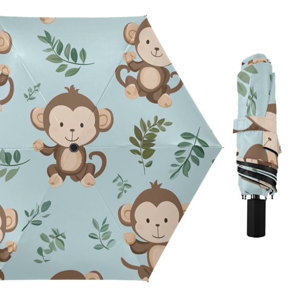 Cute Monkeys Cartoon Leaves All Weather Umbrella Triple Folding Parasol 6 Ribs UV Protection Portable