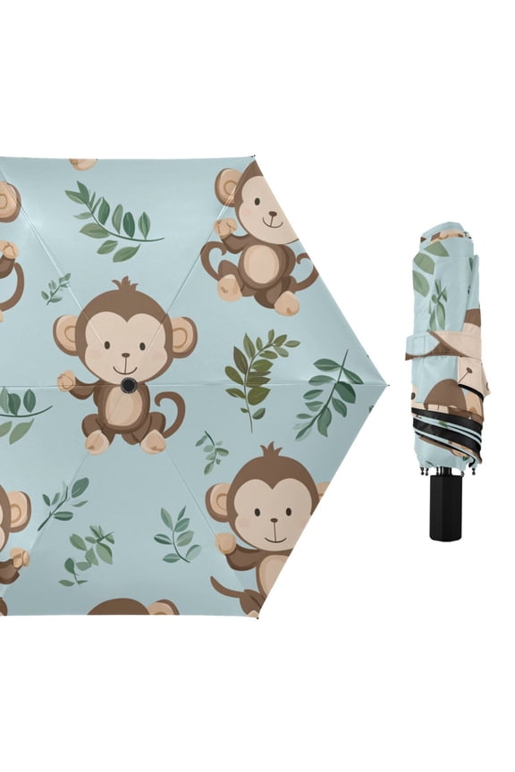 Cute Monkeys Cartoon Leaves All Weather Umbrella Triple Folding Parasol 6 Ribs UV Protection Portable
