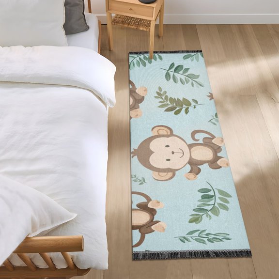Cute Monkeys Cartoon Leaves Bedside Runner Rug 2'x 6' Non Slip Carpet Floor Mat Area Rug