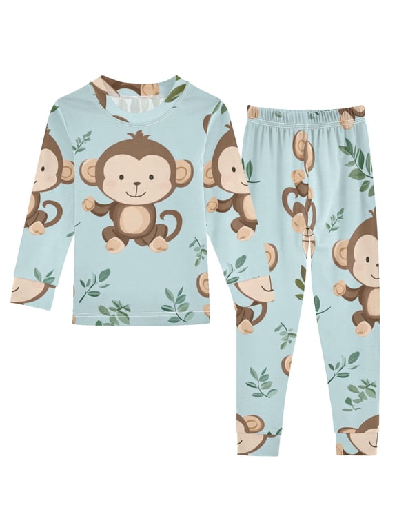 Cute Monkeys Cartoon Leaves Cotton Pajama Set Long Sleeve Top and Pants Sleepwear Unisex 24M