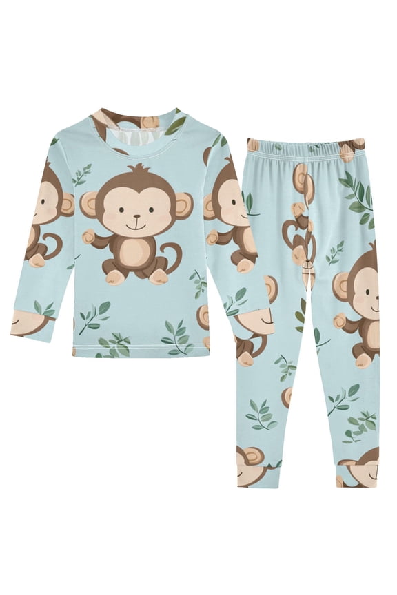 Cute Monkeys Cartoon Leaves Cotton Pajama Set Long Sleeve Top and Pants Sleepwear Unisex 5Y