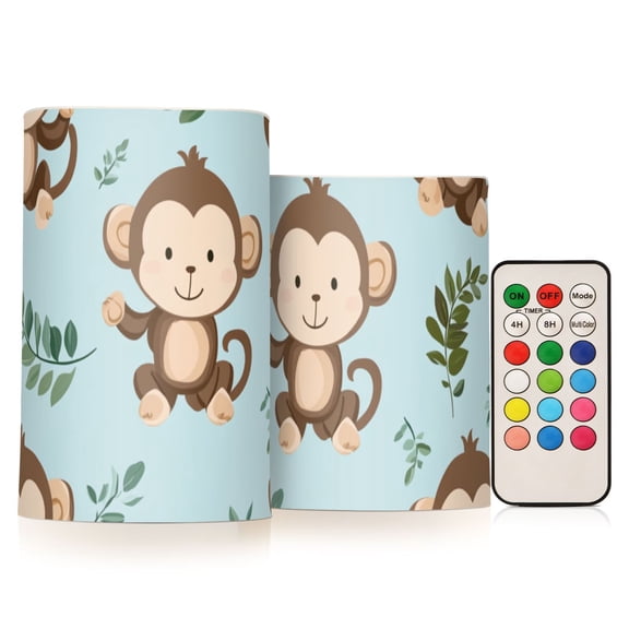 Cute Monkeys Cartoon Leaves Flickering Flameless Candles LED Tealight Battery Operated with Remote Set of 2 Holiday Decor Ornaments