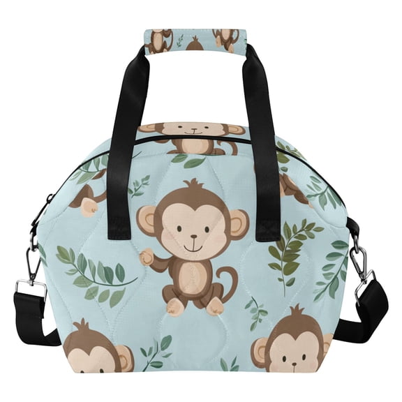 Cute Monkeys Cartoon Leaves Insulated Lunch Bag Reusable Quilted Lunch Box Waterproof Leakproof Lunch Container