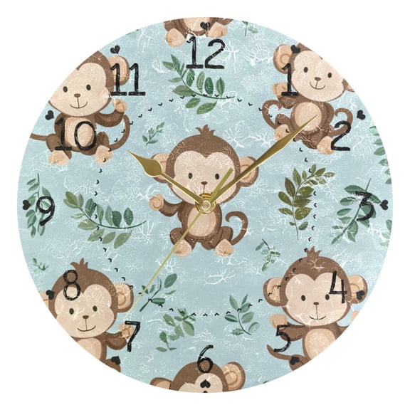 Cute Monkeys Cartoon Leaves Round Wall Clock Silent Analog Battery Operated Gold Pointer Home Decor 9.84" Diameter