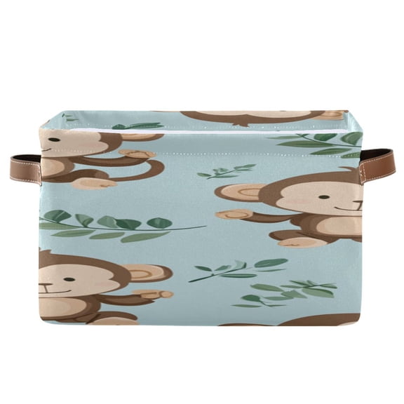 Cute Monkeys Cartoon Leaves Square Storage Bins with Handles Collapsible Containing Box 1 Pack